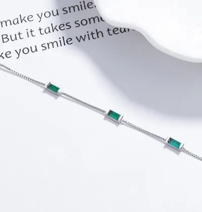 S925 Sterling Silver Green Square Diamond Simple Bracelet