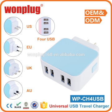 Universal mobile phone world travel charger 4 usb outlet charger 4.2A with US/UK/AU/EU plug from wonplug