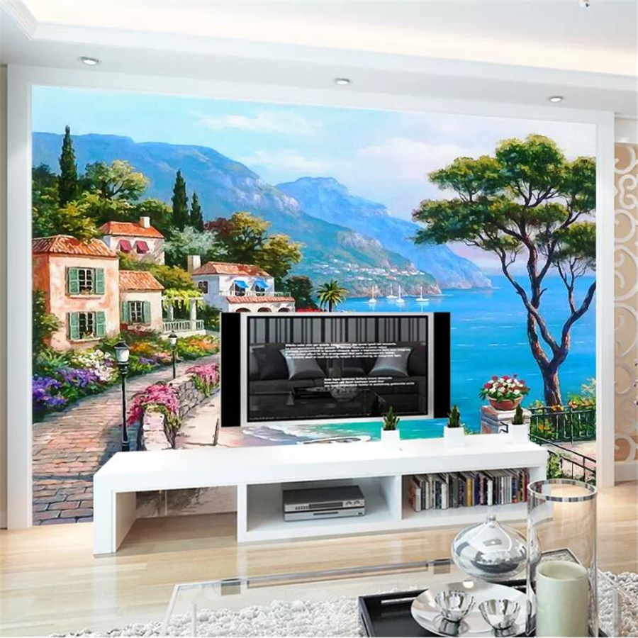 wellyu Custom Wallpaper 3d Large Photo Mural обои Mediterranean Sea Garden Landscape Oil Painting TV Background Wallpaper mural