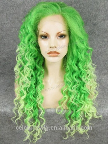 Long rupaul green with blonde color synthetic kinky curly lace front wig