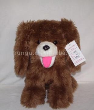 plush dog with pink tongue