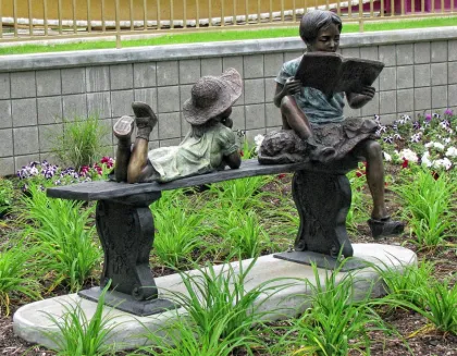 outdoor garden decoration metal children sitting bronze bench sculpture
