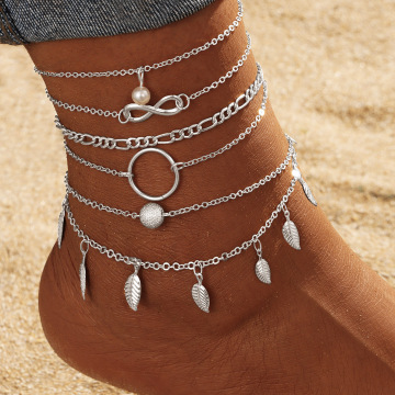 Mode dubbele laag metallic legering witte parelhelel enkelband voor vrouwen