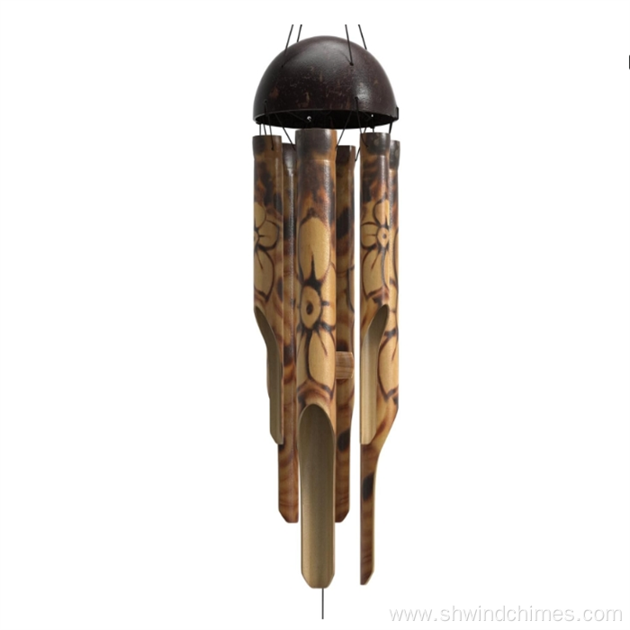Bamboo Wind Chimes with Burned Design and Coconut Crown