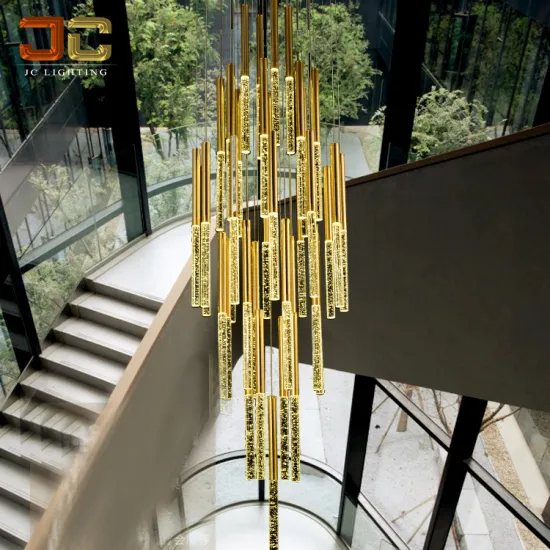 JC LIGHTING Contemporary Staircase Gold Crystal Rod Chandelier with Adjustable Height and Bubbles