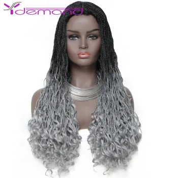 Y Demand Long Crochet BOX Braid Curly Wigs For Black Women Synthetic Ombre Grey Blonde Brown Hair Wig