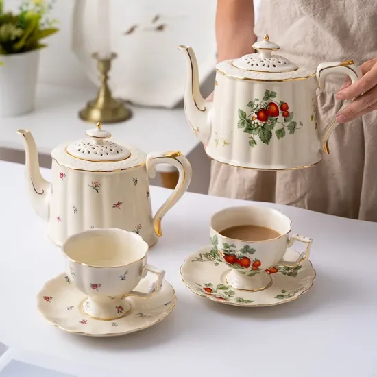European Vintage Strawberry Floral Coffee Cup and Teapot Set with British Gold Rim in Ceramic