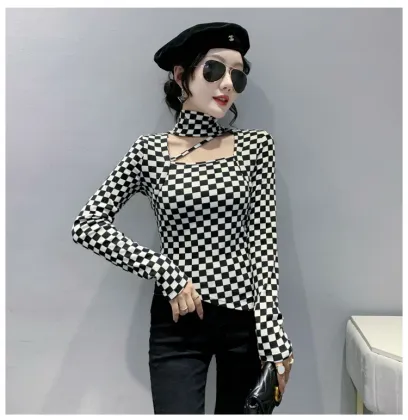 Milled wool bird check slim bottoming shirt
