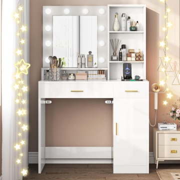 Modern White Wooden Makeup Vanity Set with Charger Mirror