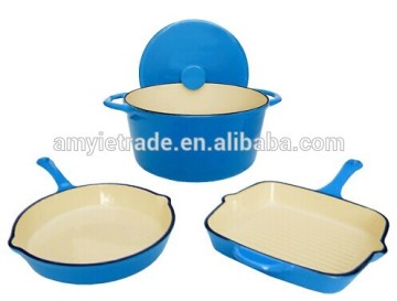 enamel cast iron cookware with 24cm stock pot, 24cm frying pan, 26cm grill pan