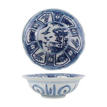 5.5 inch Blue and White Fish and Algae Phoenix Bowl with Flower and Bird Pattern