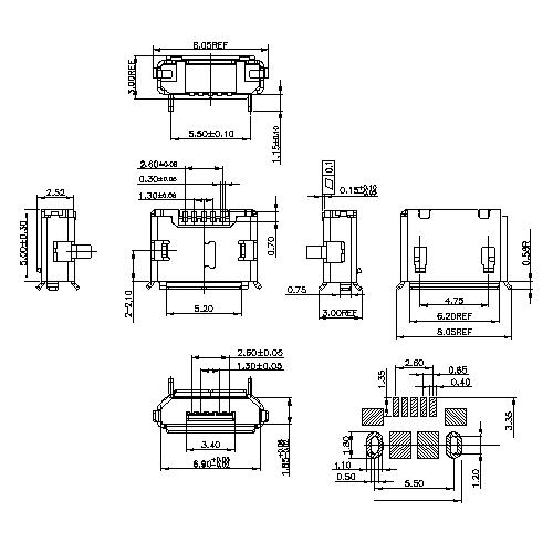 MUFM04B Micro USB 5P Receptacle B Type SMT(Shell Dip)