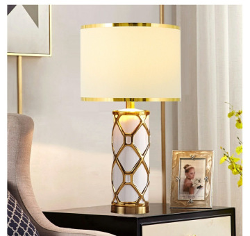 Modern Office Decorative Bedside Table Lamp with Ceramic Column and Fabric Shade