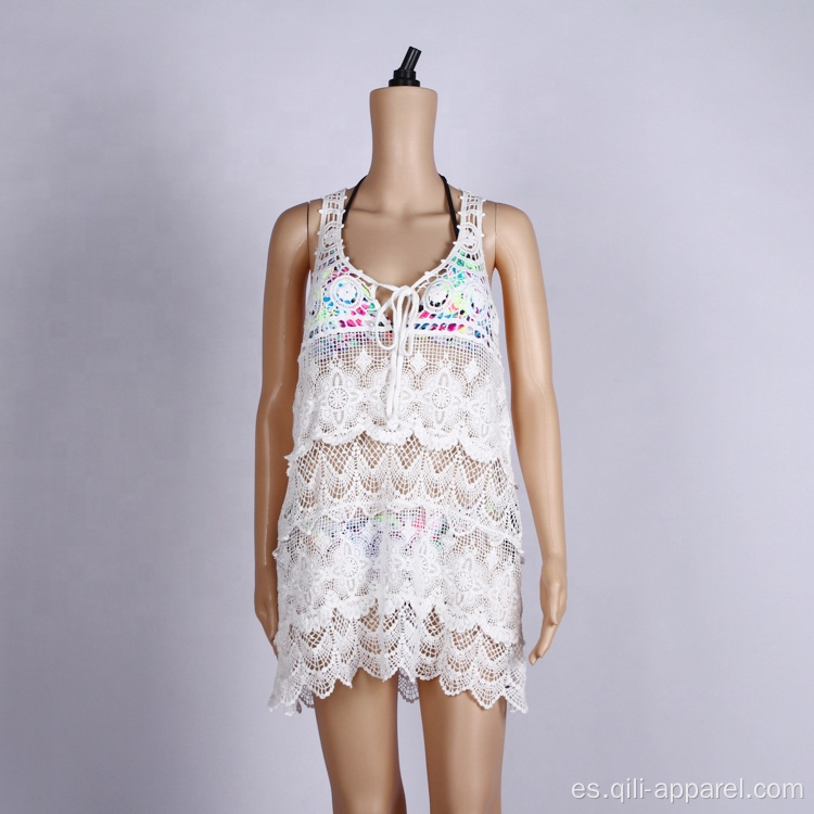 Vestido de playa de encaje blanco sexy Summer Cover Up