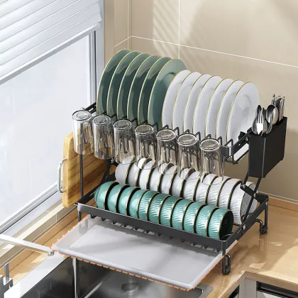 Manufacturer's Multifunctional Collapsible 2-Tier Household Storage Bowl Dish Rack with Utensil Holder and Dish Drainer: Organizing Kitchen Essentials Efficiently