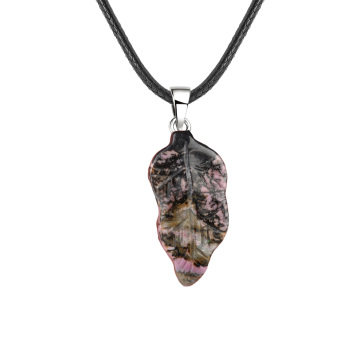 Rhodochrosite Handmade Craved Leaf Pendant Necklace with 45CM Black Cord