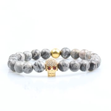 2019 Wholesale Fashion Jewelry Grey Jasper Beads Nature Stone Men Bracelet,Skull Diamond Bracelet