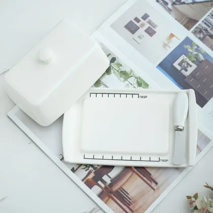 Blue Ceramic Butter Dish with Lid - Porcelain Butter Dish with Cutting Measurements and Knife