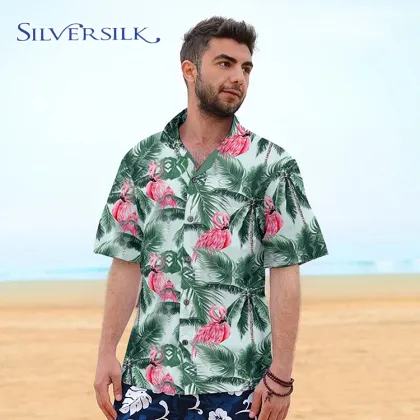 flamingo leaves printed cotton Hawaiian shirt men