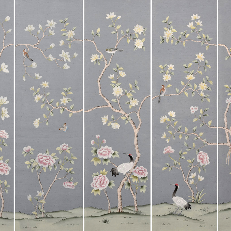 Crane Dark grey hand-painted wallpaper