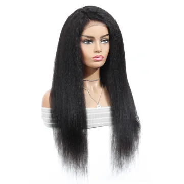 Amzhair Yaki Kinky Straight Lace Wig 100% Brazilian Remy Human Hair Pre Plucked Swiss 4X4 Lace Closure Wig For Black Women