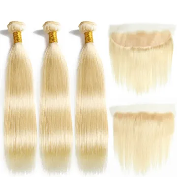 613 Blonde 10A Grade Bundles Brazilian Virgin Hair Straight Human Hair Weave 3 Bundles With 13*4 Lace Frontal Ear To Ear frontal