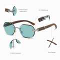 Oval Rimless Metal Wooden Sunglasses