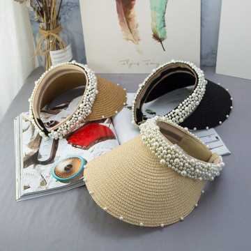Sun Grosir Melindungi Wanita Putih Lebar Topi pantai Pearl Straw For Women