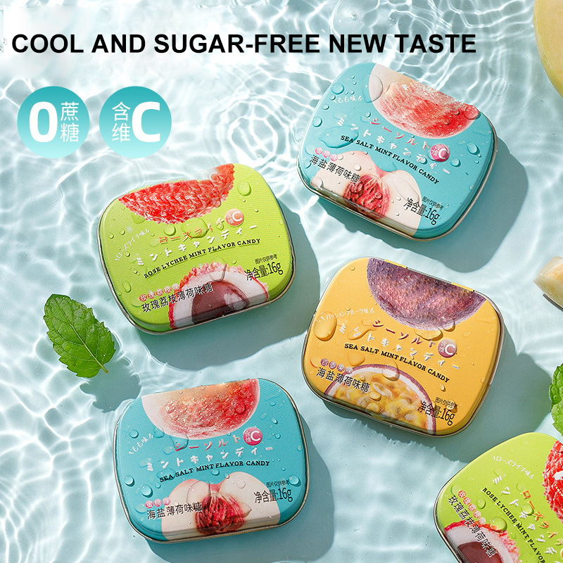 OEM ODM Vegan Fruit Flavor Fresh Breath Tin Box Hard Candy Sugar Free Vitamin C Sea Salt Mint Candy