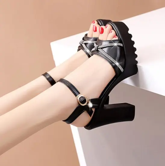 Women's Waterproof Platform Heel Sandals with Fish Mouth Design and Thick Sole - Large Sizes, Fashionable and Bright Leather Finish
