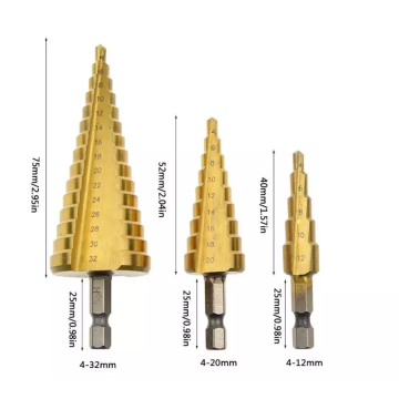 Cortador de orifício de metal revestido com titânio de cone de boa qualidade, broca de etapa de aço de alta velocidade Conjunto de broca para metal