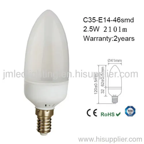 E14 Candle Led Light C35 2.5w 210lm Milk 46smd 