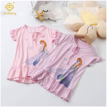 귀여운 만화 핑크 인쇄 연꽃 잎 짧은 소매