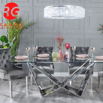 Luxurious Tempered Glass Dining Table with Grey Velvet Chairs and Stainless Steel Base