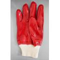 Red pvc single dipped gloves knit wrist