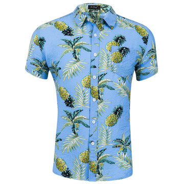 Camisa havaiana de lapela de manga curta masculina de verão