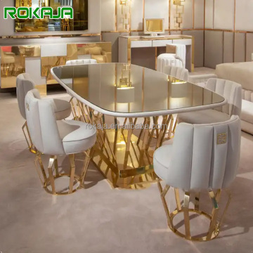 Moderne glazen eettafel met gouden roestvrijstalen basis - 6/8/10 zitter rechthoekige tafel voor banketten
