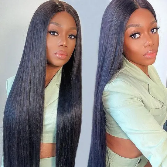 Bone Straight Hair Extensions Lace Closure Peruvian Human Hair Silky Straight Braided Soft Transparent 5x5 Lace Closure Wig