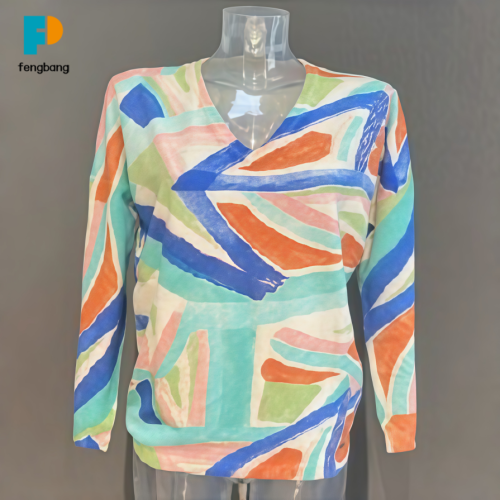 Suluboya Doodle Desenli Şık Bahar Örgü Üst