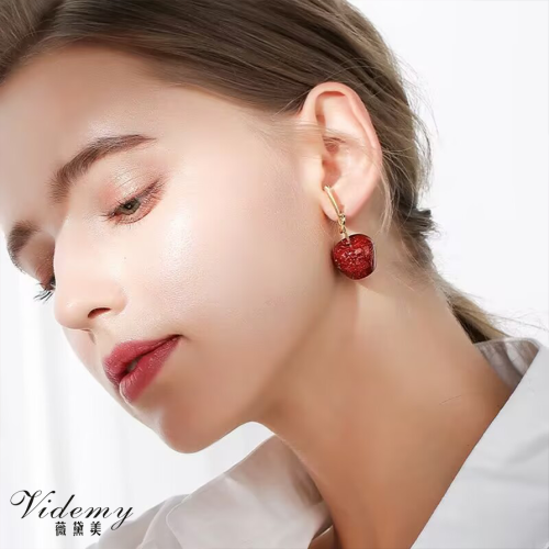 Cute Cherry Earrings in Red Crystal Glitter