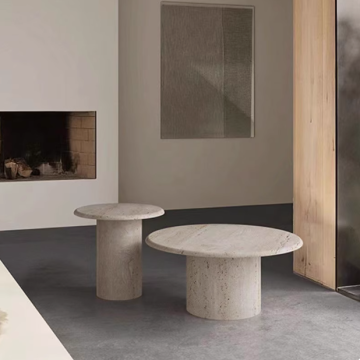 Modern Round Coffee Table with Beige Travertine Stone Top for Home Furniture and Decor