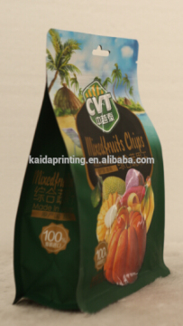 plastic quad pouch with zipper, and flat bottom for snacks food packaging