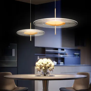 Chandelier: Luxury Metal Grid Light & Shadow Pendant Lamp, Acrylic Round Ceiling Lighting for Kitchen