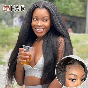GS Yaki Straight Wig 100% Virgin Remy Brazilian Kinky Straight Lace Closure Wig
