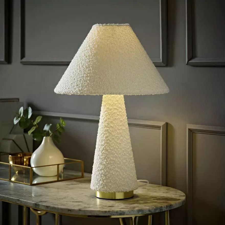 Luxe Cream Boucle Conical Table Lamp Gold Accents (2)