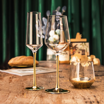 Sparkling Gold Plated European Wine Set: Includes Electroplated Gold Rod Red Wine Goblet, Champagne Glass, and Whiskey Cup