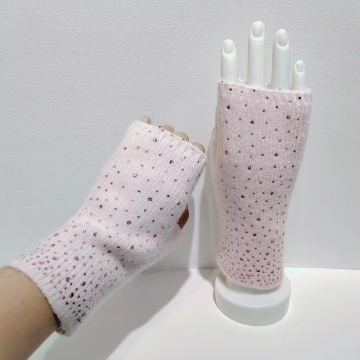 2024 Winter Ladies Solid Color Five-Finger Knitted Gloves with Drill Mittens