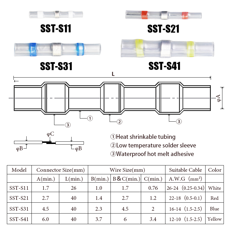 10/20/50PCS Waterproof Solder Seal Sleeve Splice Terminals Heat Shrink Electrical Wire Connector Butt Connectors Kit Assortment