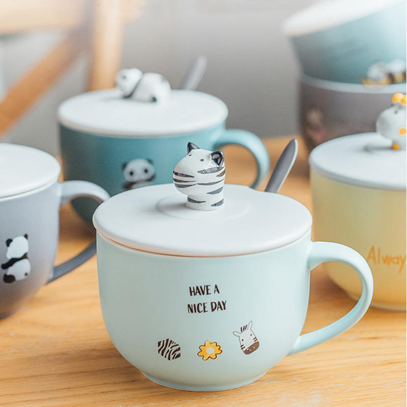 Creative cartoon large capacity mug with cover spoon cute girl heart ceramic cup home oat bowl Milk Cup