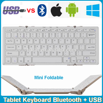 2016 Mini Portable Triple Folding Bluetooth Keyboard With Case For Tablet PC Smart Phone USB Wired Bluetooth Dual Mode